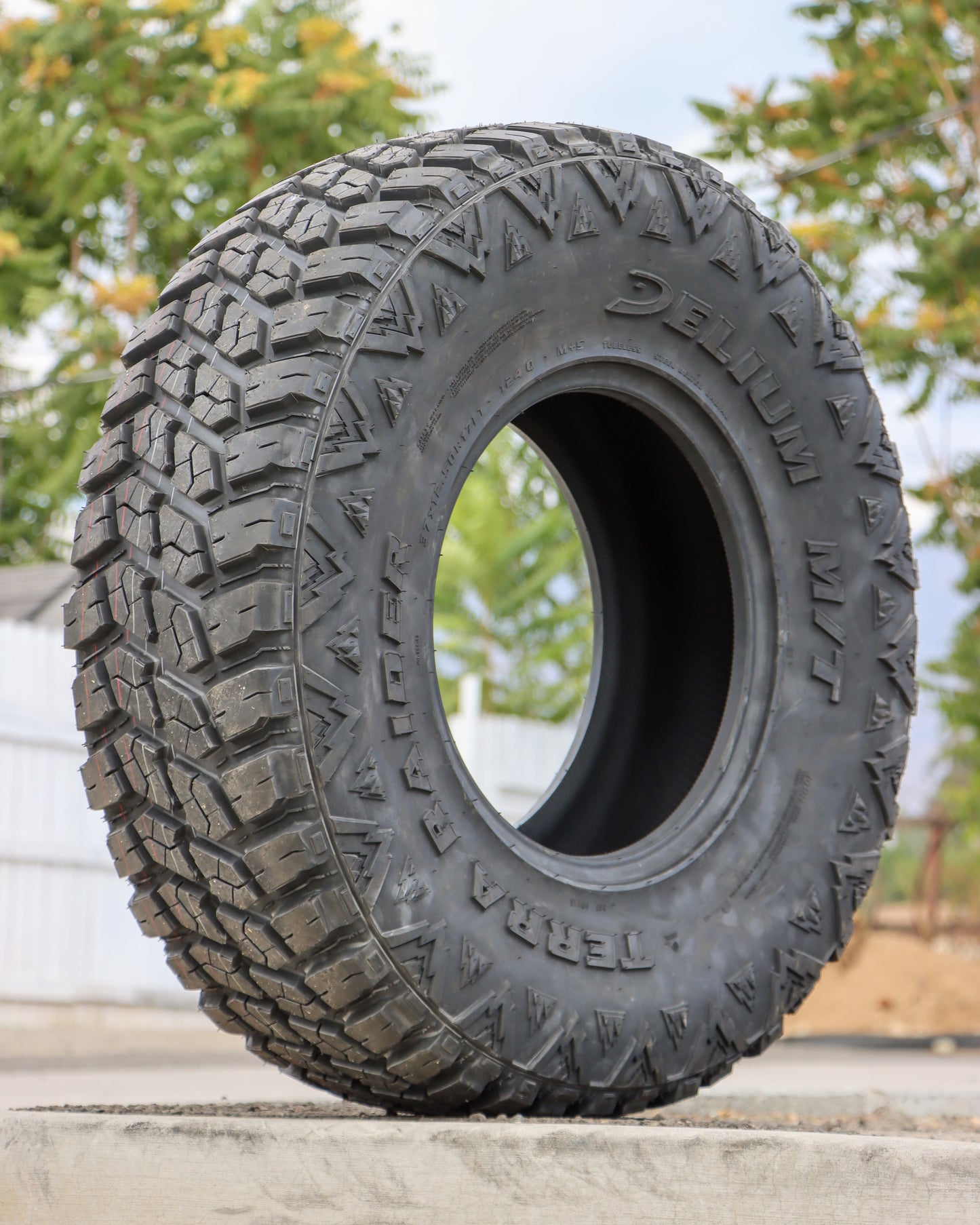 Delium Terra Raider Mud Terrain Tire on Display, showing both the sidewall and the tread.