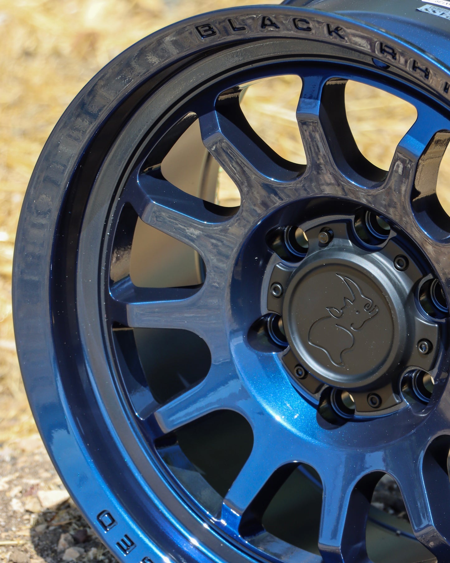 Close-up of the Black Rhino Rapid wheel with a Midnight Blue Finish.