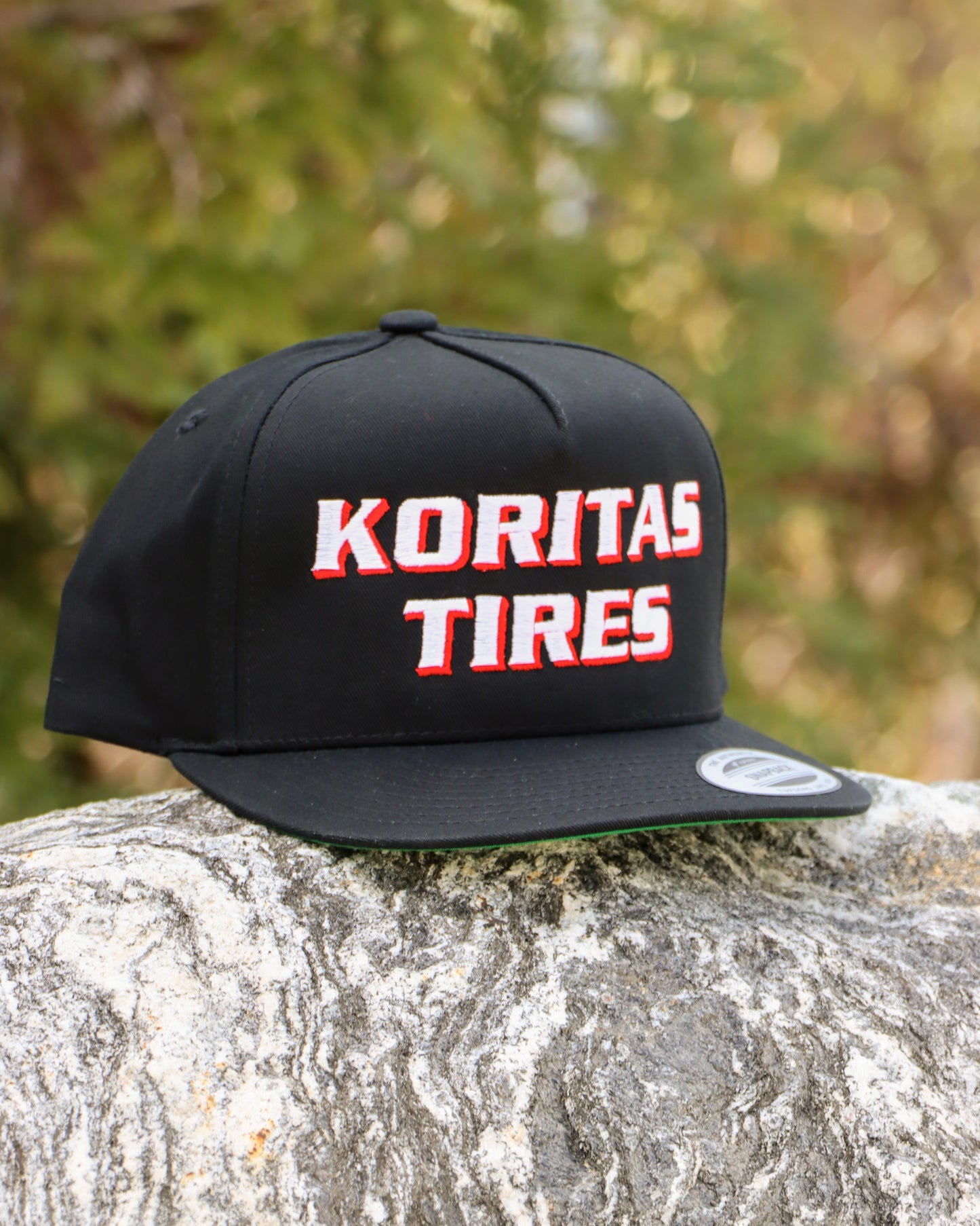 Koritas Tires Classic Snapback Sitting on a rock.