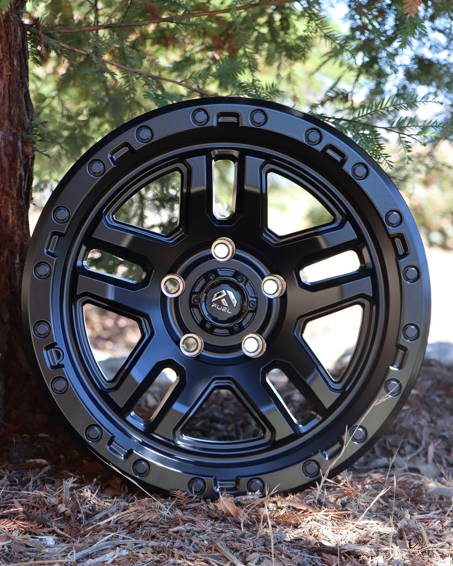 Fuel Ammo Wheel in a matte black finish lying against a tree with dead pine needles below it.