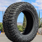 Delium Terra Raider All Terrain Tire on display in the middle of the street.
