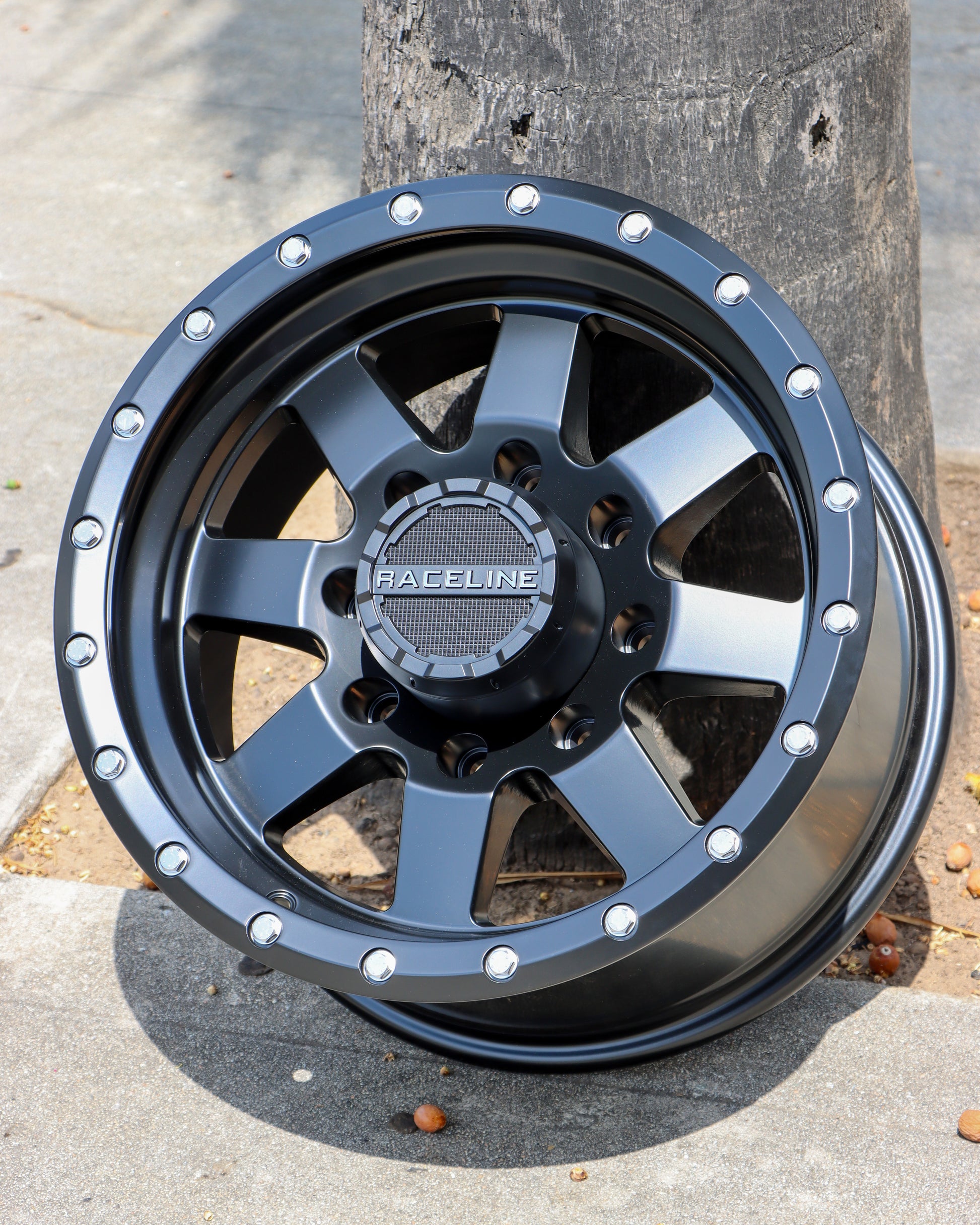 Raceline Defender wheel in a matte black finish leaning up against a palm tree.
